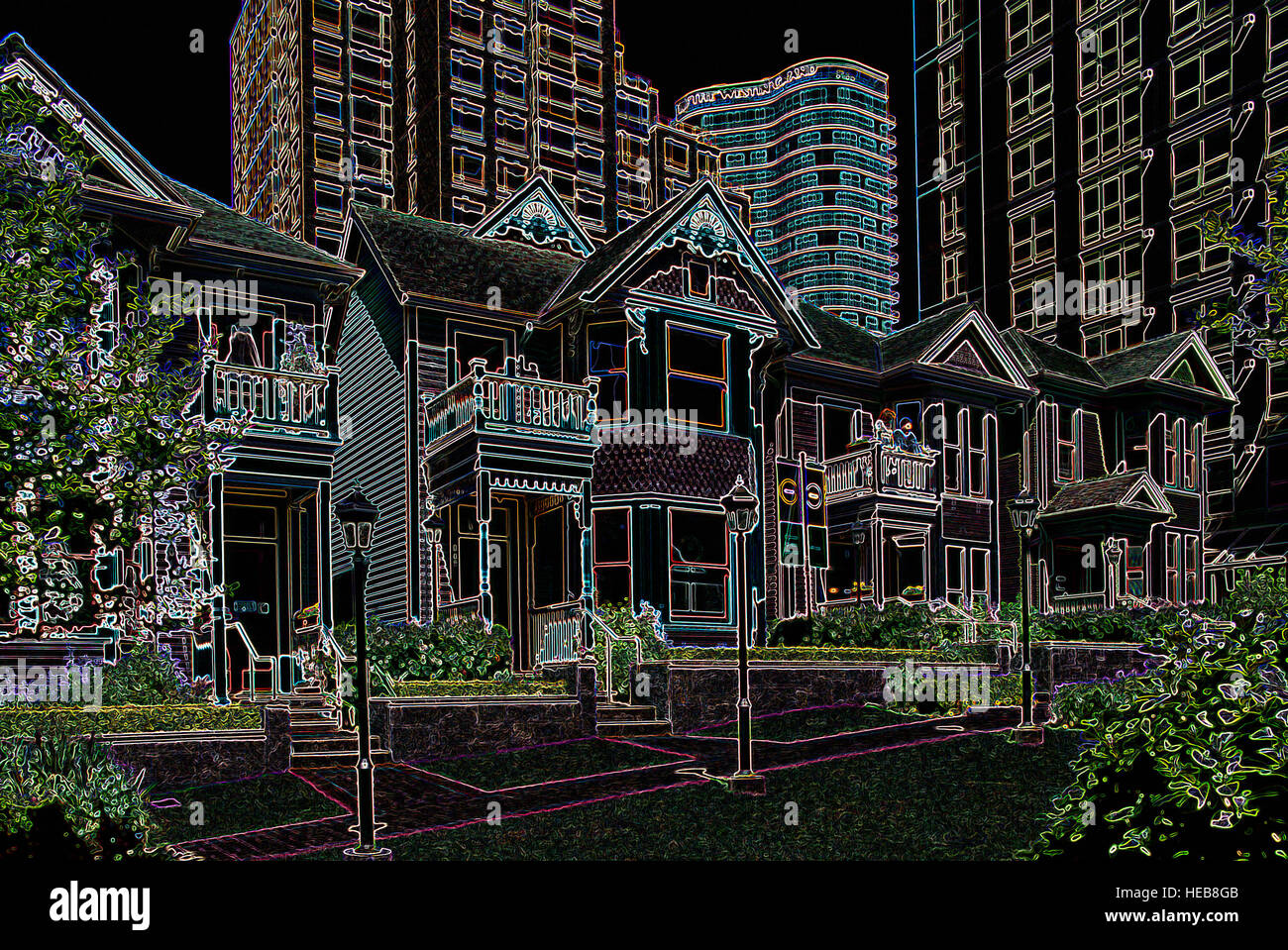 Patrimonio case e edifici Highrise - manipolato digitalmente immagine con bordi incandescente, astratto Paesaggio e Architettura Foto Stock