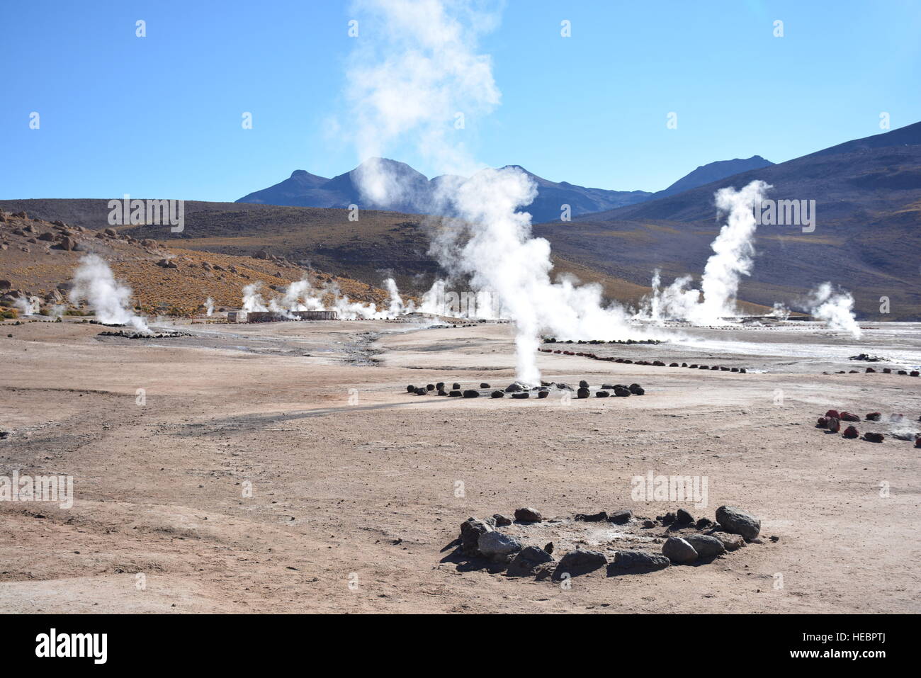 Paesaggio di geyser e montagne del deserto di Atacama Cile Foto Stock