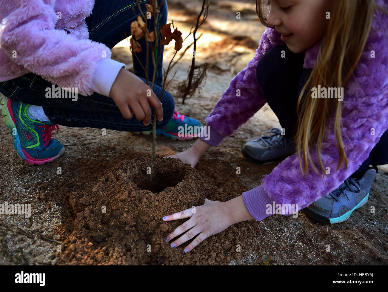 Jordyn Blosser e la sua amica di secondo grado gli studenti da Ramstein Scuola Elementare, pianta un albero insieme in onore della Giornata della Terra il 22 aprile 2015, a Ramstein Air Base, Germania. Blosser e i suoi compagni erano appaiate in squadre e hanno lavorato insieme per piantare più di cento alberi su Ramstein come parte della Giornata della Terra 2015. La classe ha lavorato anche con il ragazzo e ragazza Scout degli Stati Uniti d'America per pulire i bordi della strada che conduce a Ramstein. (U.S. Air Force foto/Staff Sgt. Sara Keller) Foto Stock