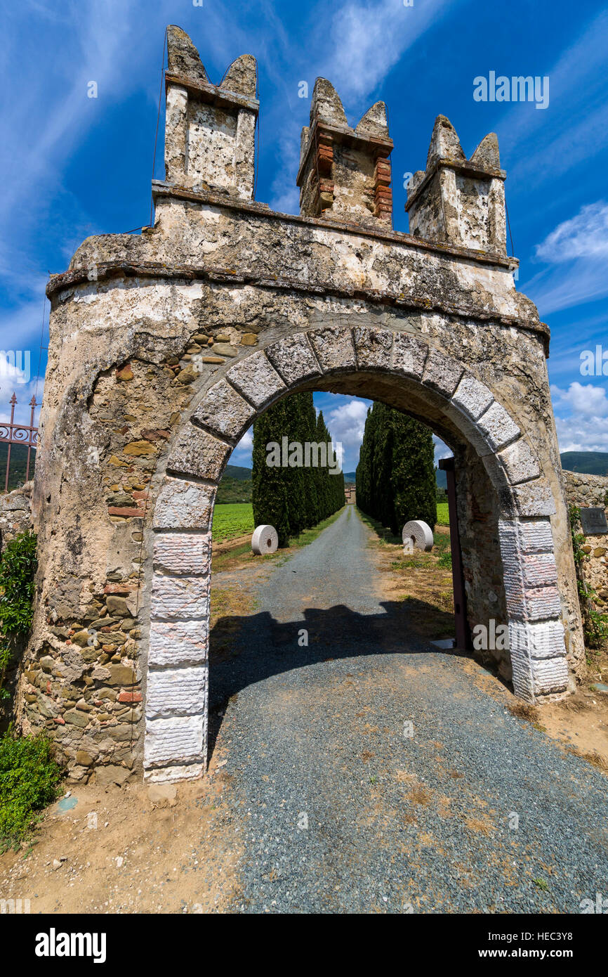 Il cancello di ingresso a una fattoria e un vicoletto con verdi cipressi Foto Stock