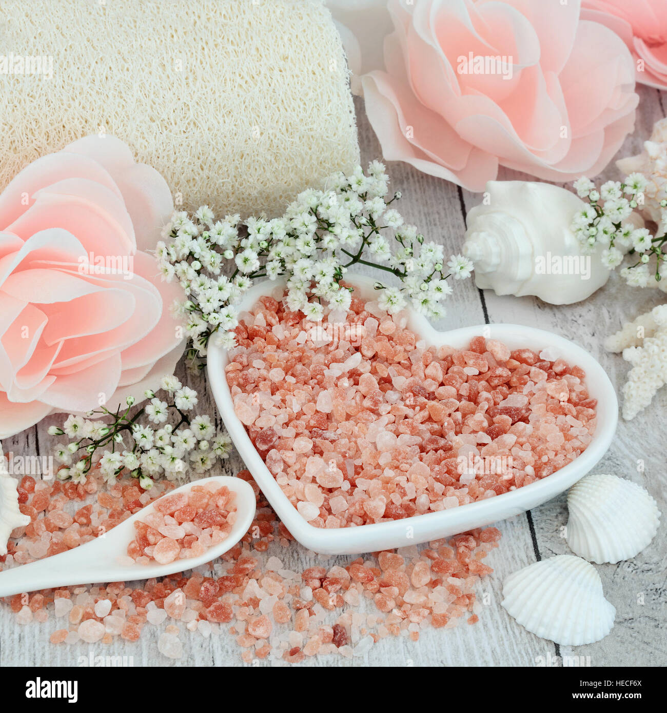 L'Himalayan sale di mare per la cura della pelle e detossinante con loofah esfoliante, fiori di rose petali di sapone, conchiglie e fiori gypsophilla. Foto Stock