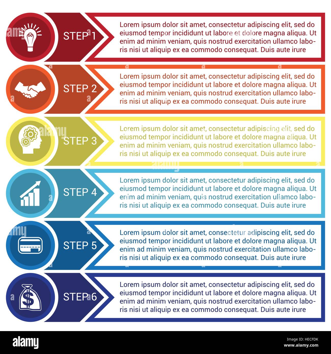Modello per una infografica da cerchi, frecce e linee per 6 posizioni Illustrazione Vettoriale