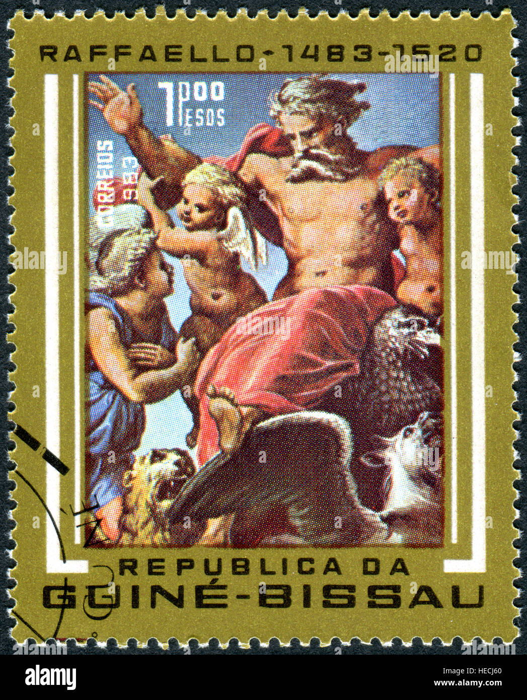 - GUINEA BISSAU - circa 1983: un timbro stampato in Guinea Bissau, mostra una pittura di la visione di Ezechiele di Raffaello, circa 1983 Foto Stock
