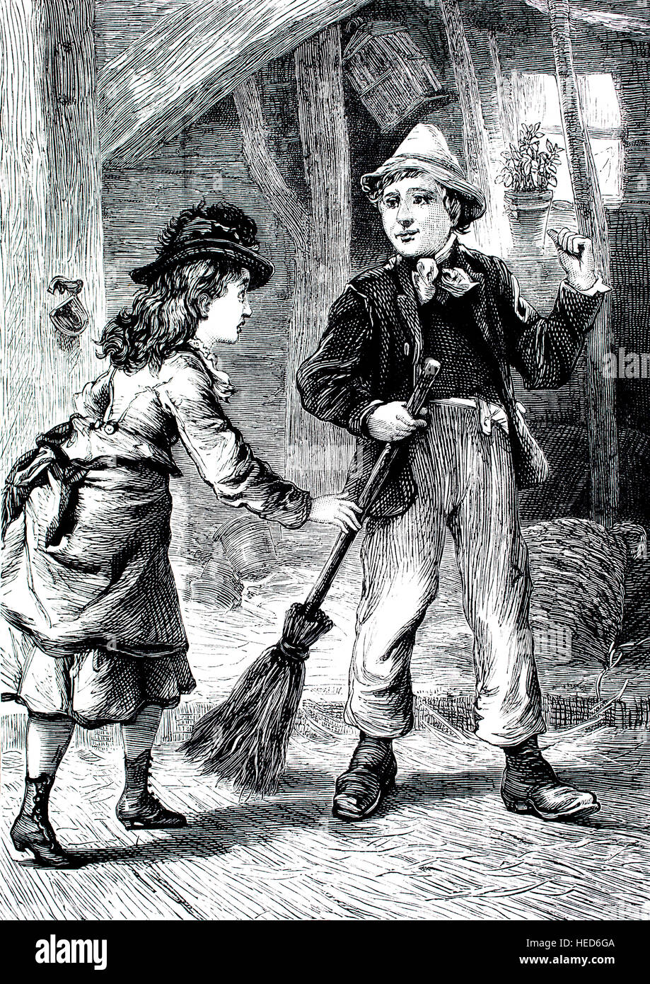 Ragazzo cottage di spazzare il pavimento con la scopa, illustrazione da  1884 Chatterbox settimanale per bambini: carta Foto stock - Alamy