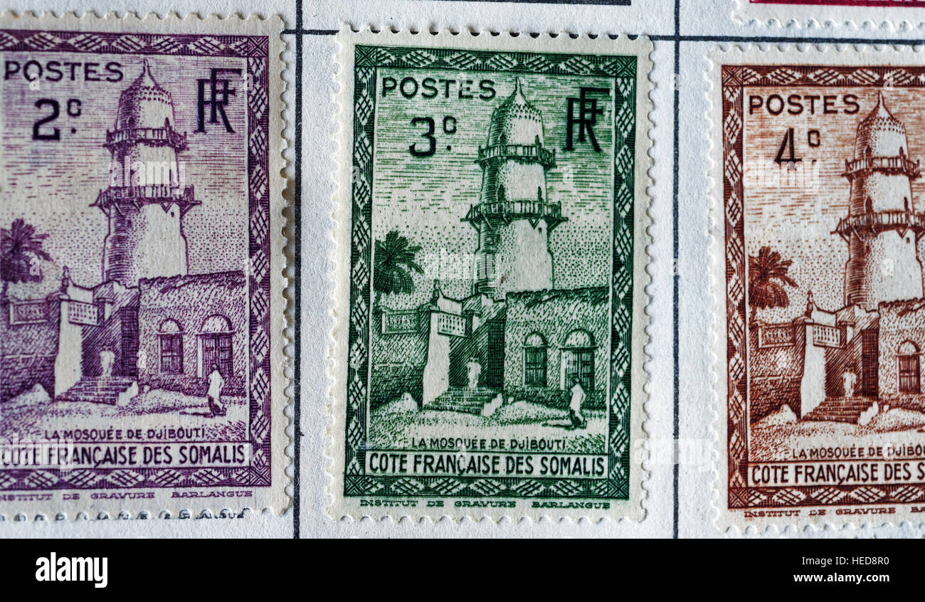 Coloniale Francese Africa francobolli dalla Somalia Foto Stock