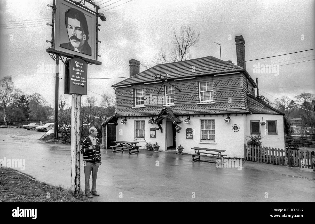 La testa della regina pub di Bolney, con il loro nuovo pub segno, che mostra una foto del cantante dei Queen Freddie Mercury. Foto Stock