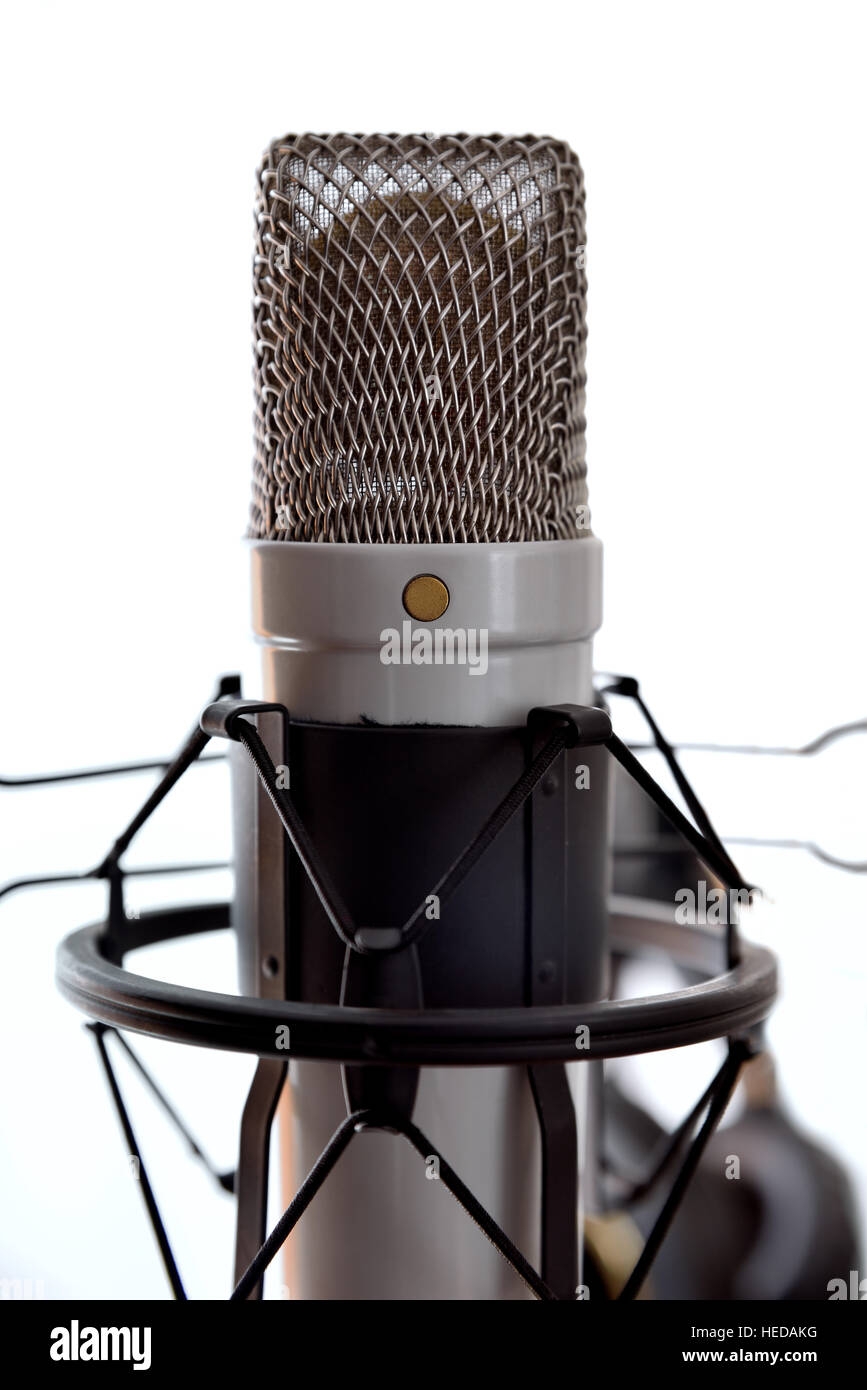 Close up studio microfono a condensatore con anti-vibrazione isolata per montaggio su bianco. Vista frontale. Composizione verticale Foto Stock