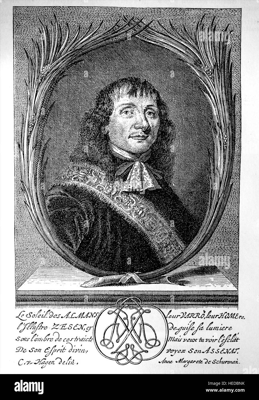 Philipp von Zesen, anche Filip Coesius o Caesius, 1619-1689, un poeta tedesco, hymnist e scrittore, da una xilografia di 1880, digitale migliorata Foto Stock