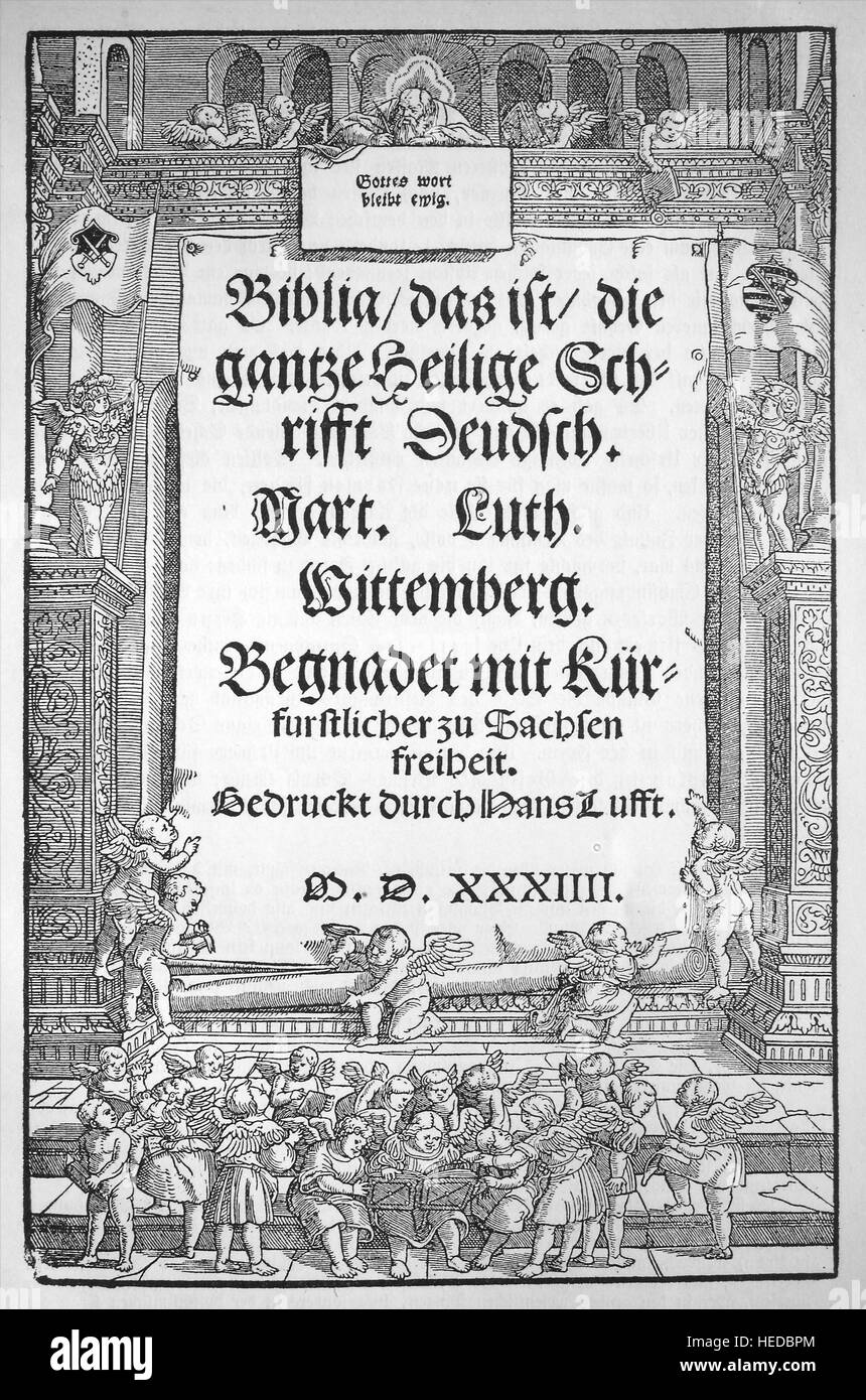 Titolo pagina della Bibbia di Martin Lutero, la prima stampa di la prima Bibbia completa la traduzione, Wittenberg 1534, da una xilografia di 1880, digitale migliorata Foto Stock