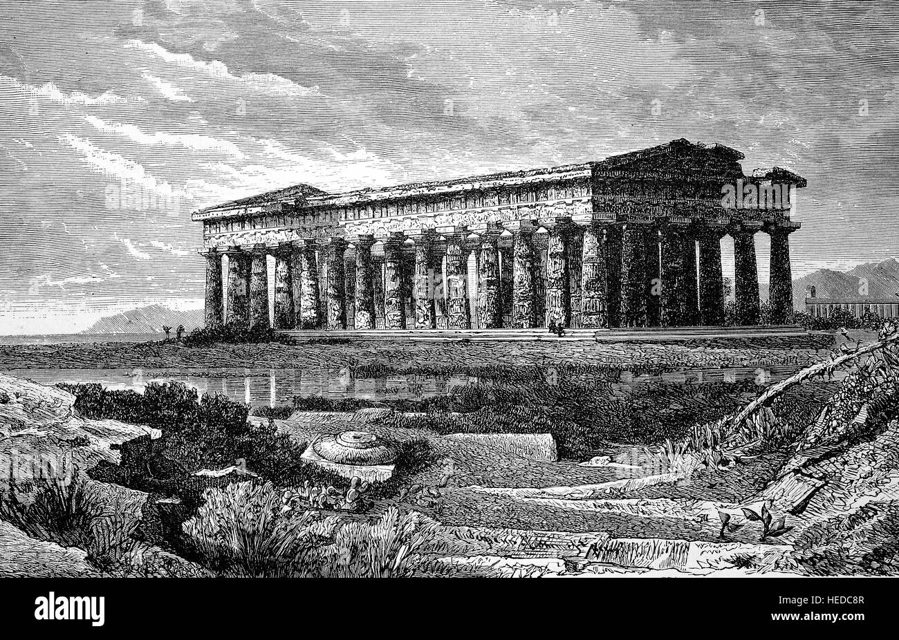 Poseidontempel zu Pästum, Italia, sicilia, tempio di Poseidone a Pästum, da una xilografia di 1880, digitale migliorata Foto Stock