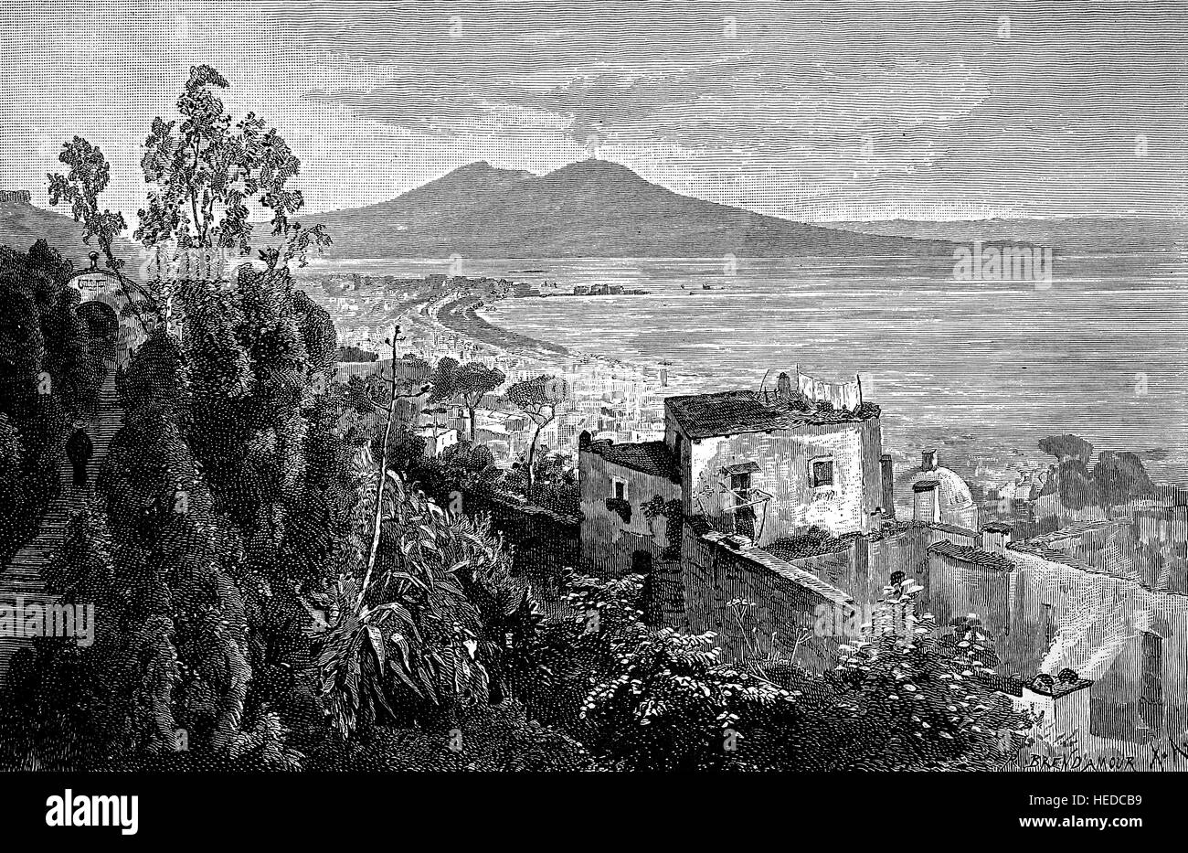 La città di Napoli e il vulcano Vesuvio, l'Italia, da una xilografia di 1880, digitale migliorata Foto Stock