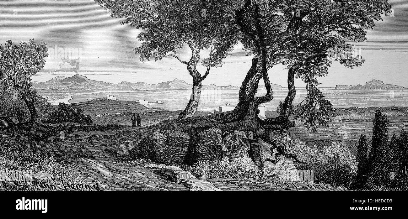 Vista del Golfo di Napoli da Camaldoli, Italia, da una xilografia di 1880, digitale migliorata Foto Stock