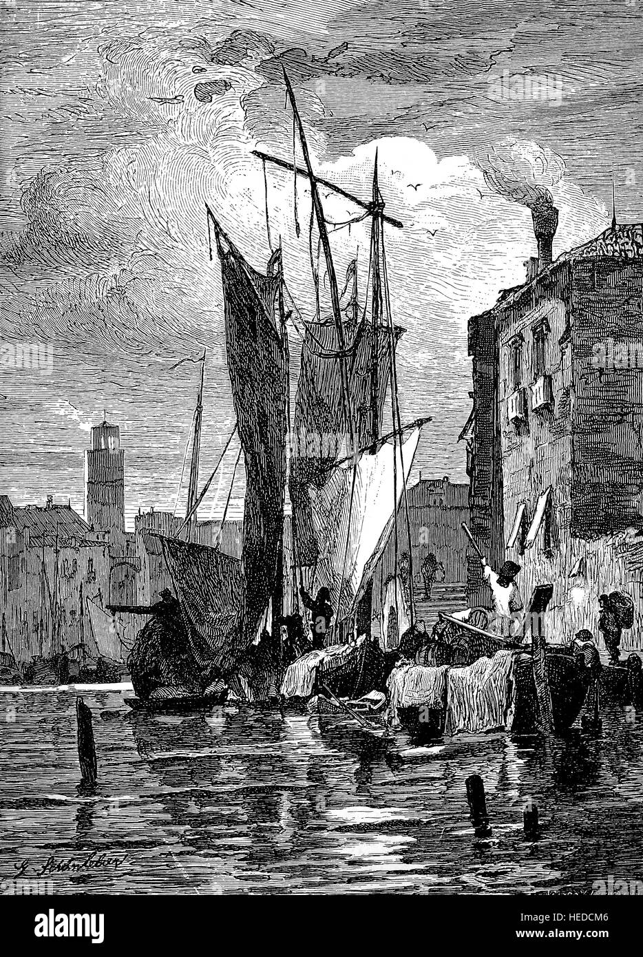 Presso l'isola della Giudecca nella Laguna veneziana, Italia, Porto scene, da una xilografia di 1880, digitale migliorata Foto Stock