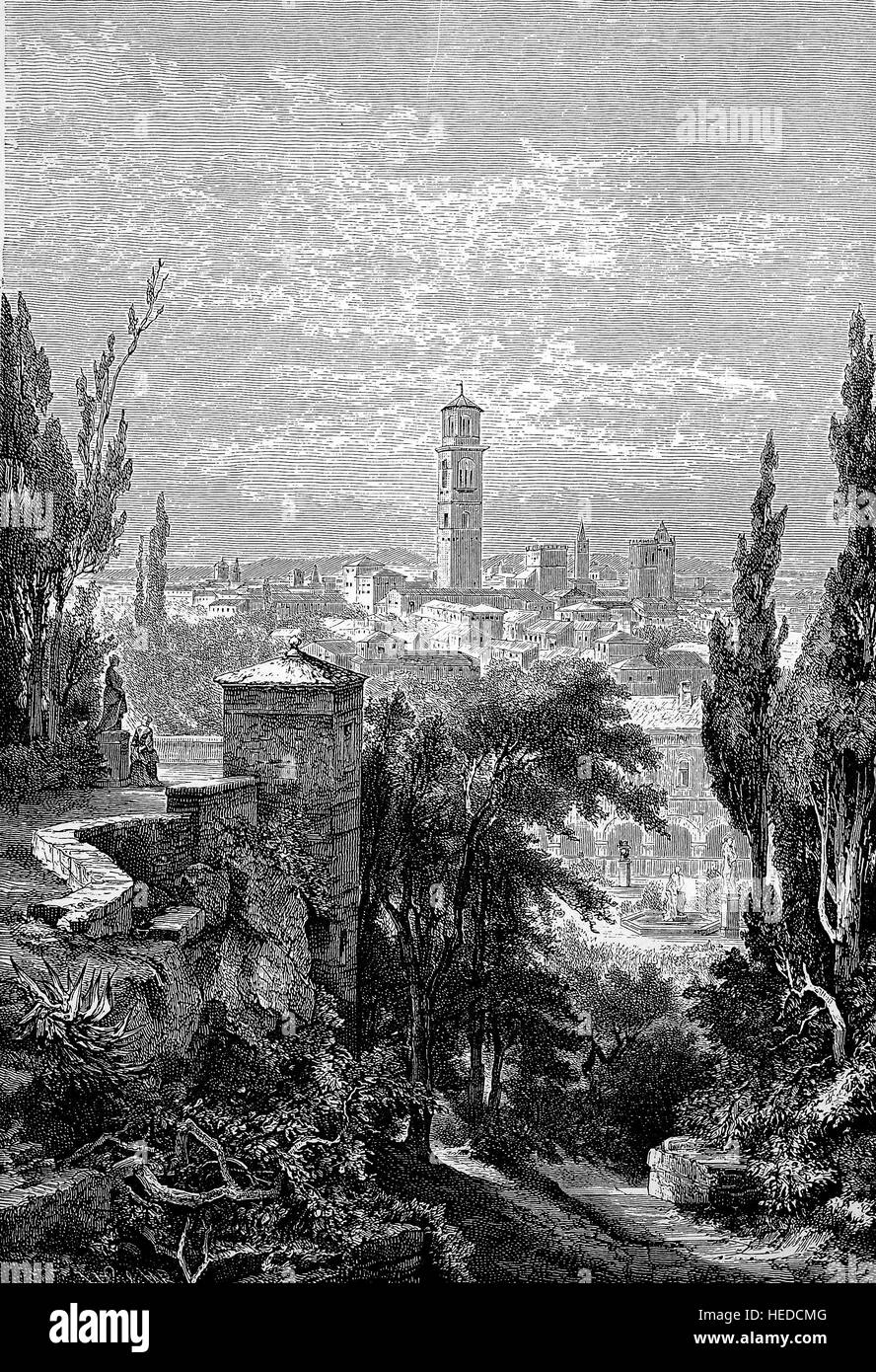 Una parte del Giardino Giusti a Verona, la vista della città da una collina, l'Italia, da una xilografia di 1880, digitale migliorata Foto Stock