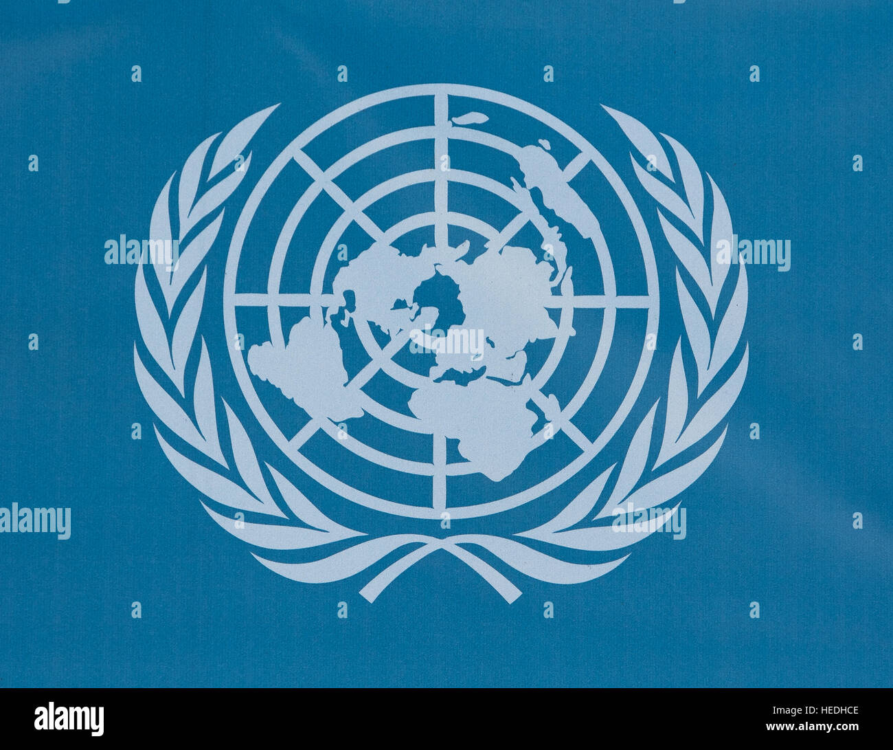 Un bianco ONU logo su sfondo blu. Foto Stock