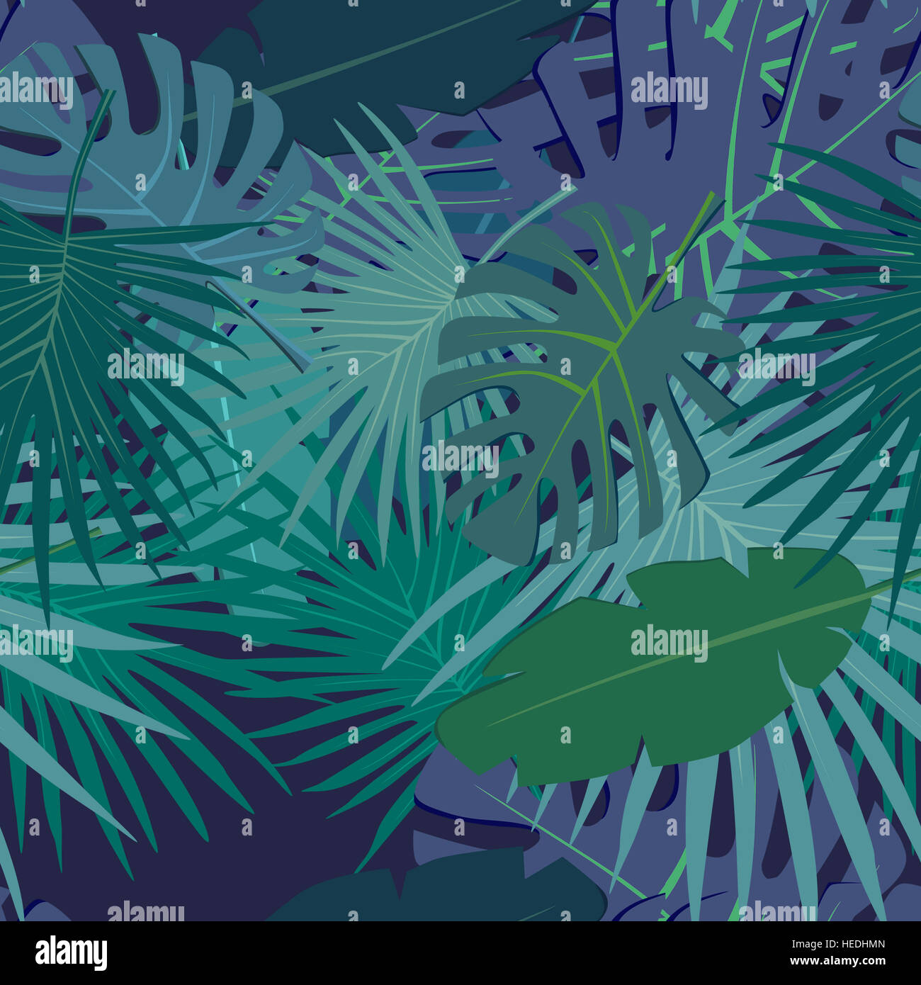 Abstract digitale modello senza cuciture piatte con sfondo colorato di foglie di palma verde Foto Stock