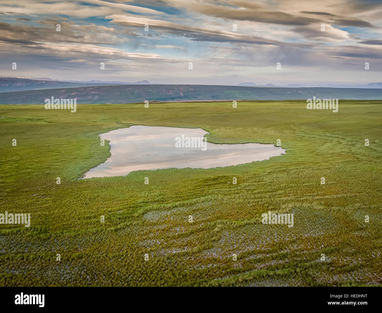 Di antenna a forma di cuore, lago Laxardalsheidi heath, Islanda. Questa immagine viene girato utilizzando un drone. Foto Stock