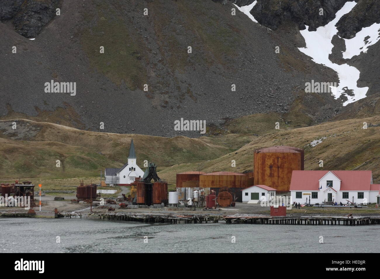 Grytviken, in King Edward Cove, Georgia del Sud vista dal mare, compreso il norvegese chiesa luterana Foto Stock