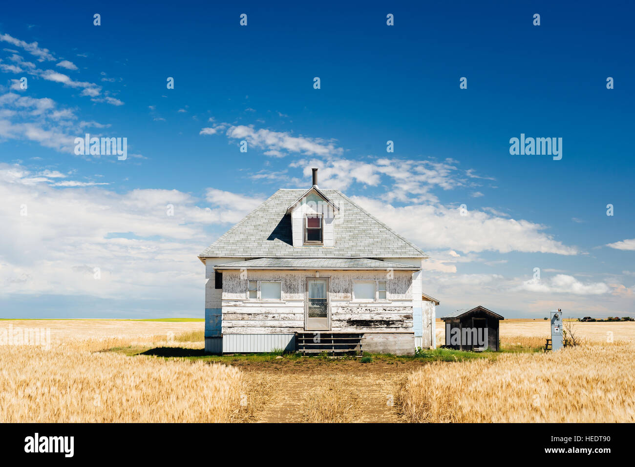 Un agriturismo si trova abbandonato, circondato da campi di grano nelle zone rurali di Saskatchewan Foto Stock
