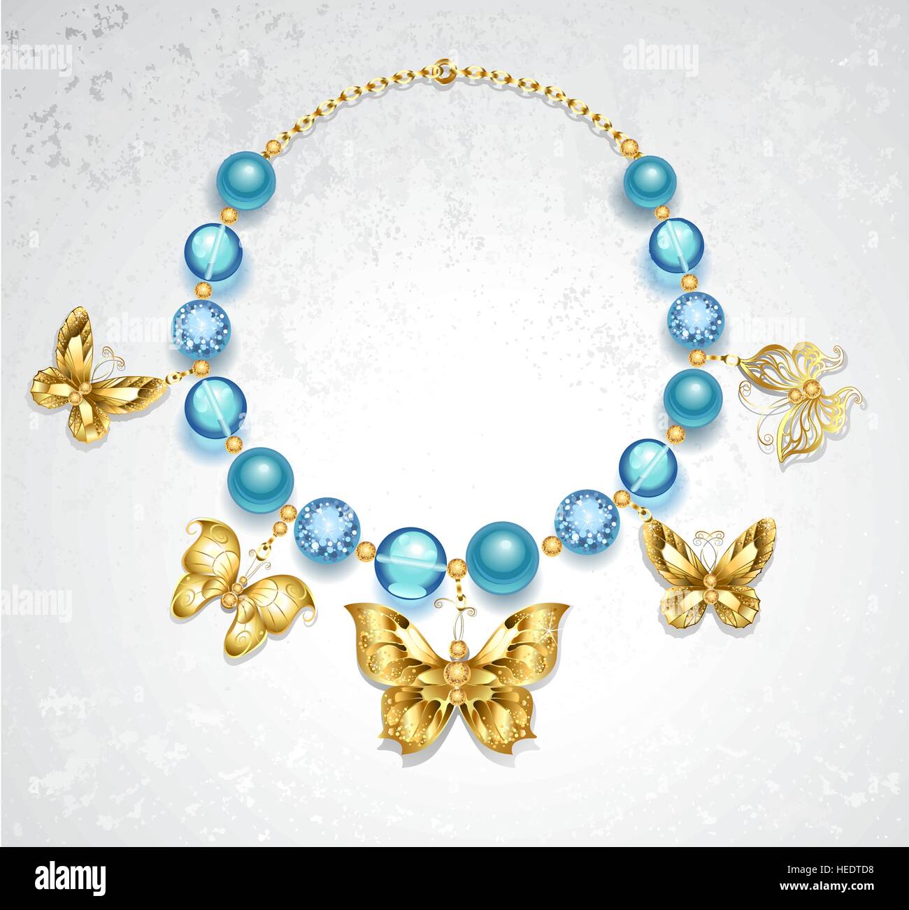 Collana in oro farfalle e perline blu di texture diverse su una luce tessiturali sfondo. Illustrazione Vettoriale