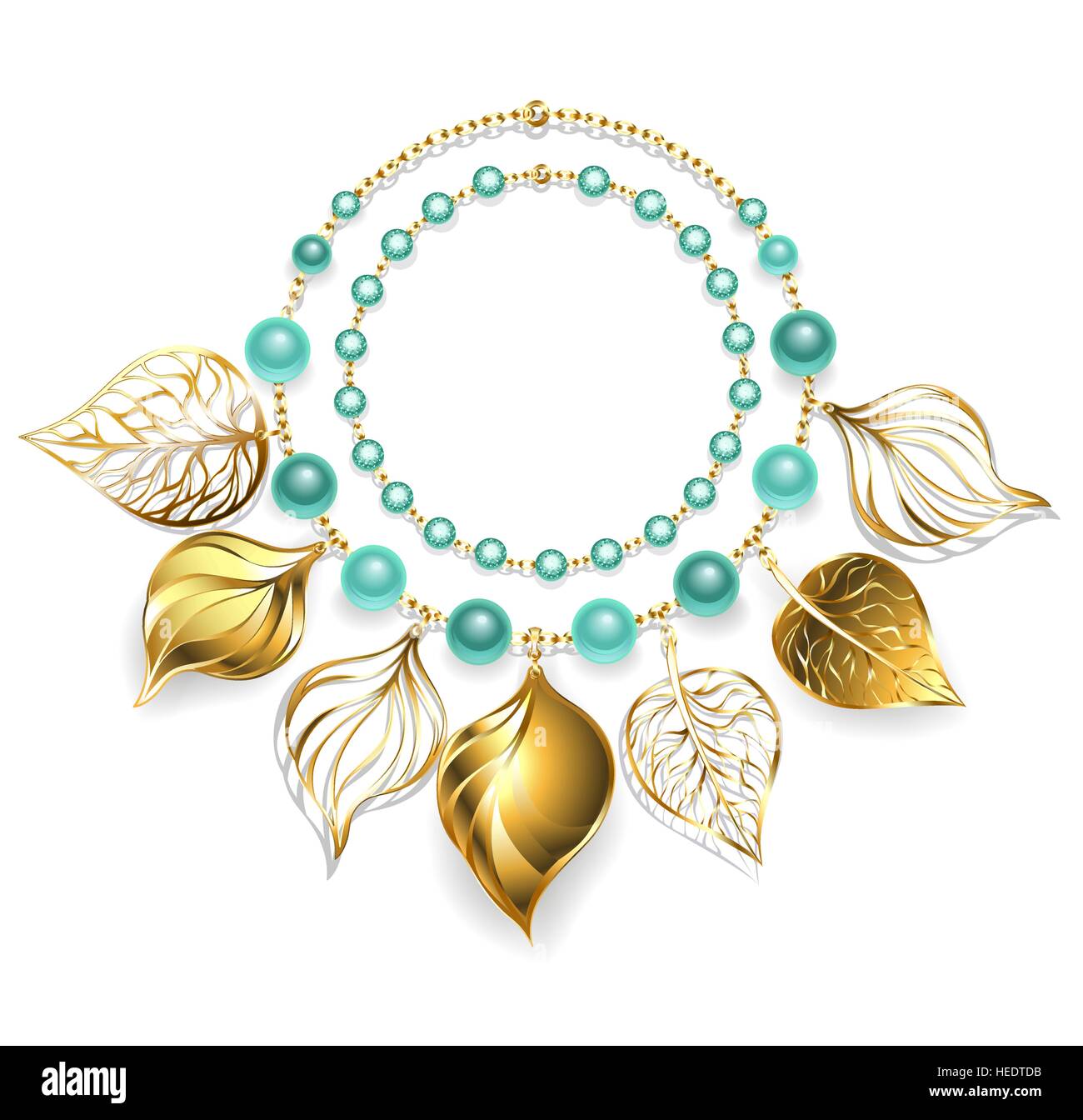 Collana di catena in oro, verde perle e foglie di oro Illustrazione Vettoriale