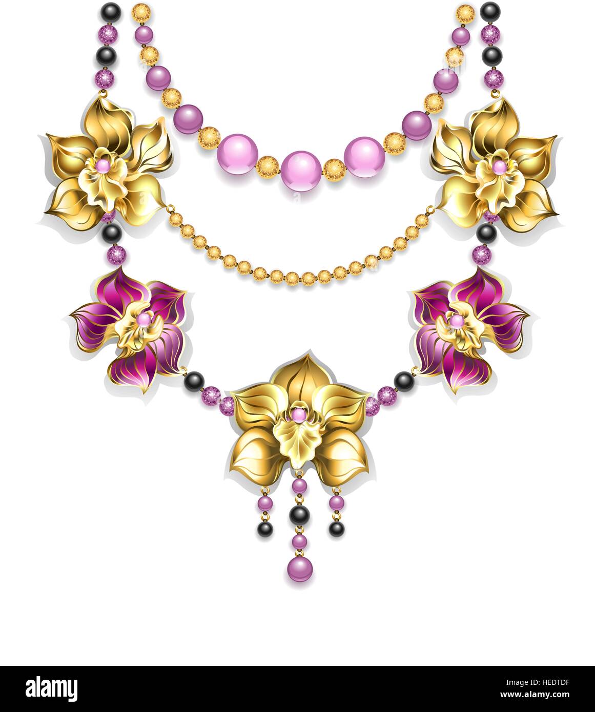 Collana di rosa, oro, perle nere e oro orchidee su uno sfondo luminoso. Design di Gioielli. Golden Orchid. Colori alla moda Illustrazione Vettoriale