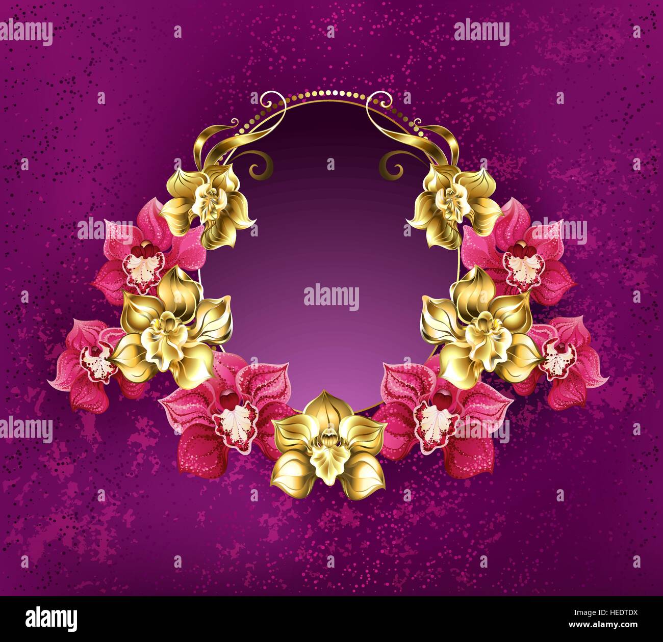 Banner ovale decorata con oro e rosa orchidee su una rosa tessiturali sfondo. Design floreale. Illustrazione Vettoriale