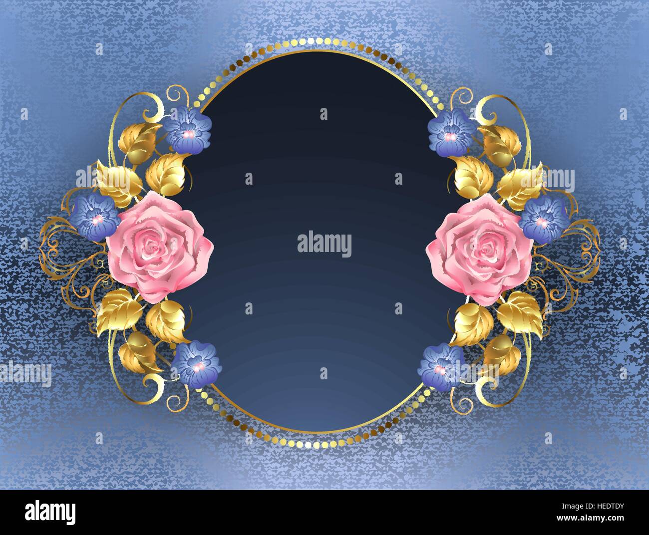 Banner ovale con rose rosa, foglie di oro e violette blu su blu sullo sfondo di Brocade. Illustrazione Vettoriale