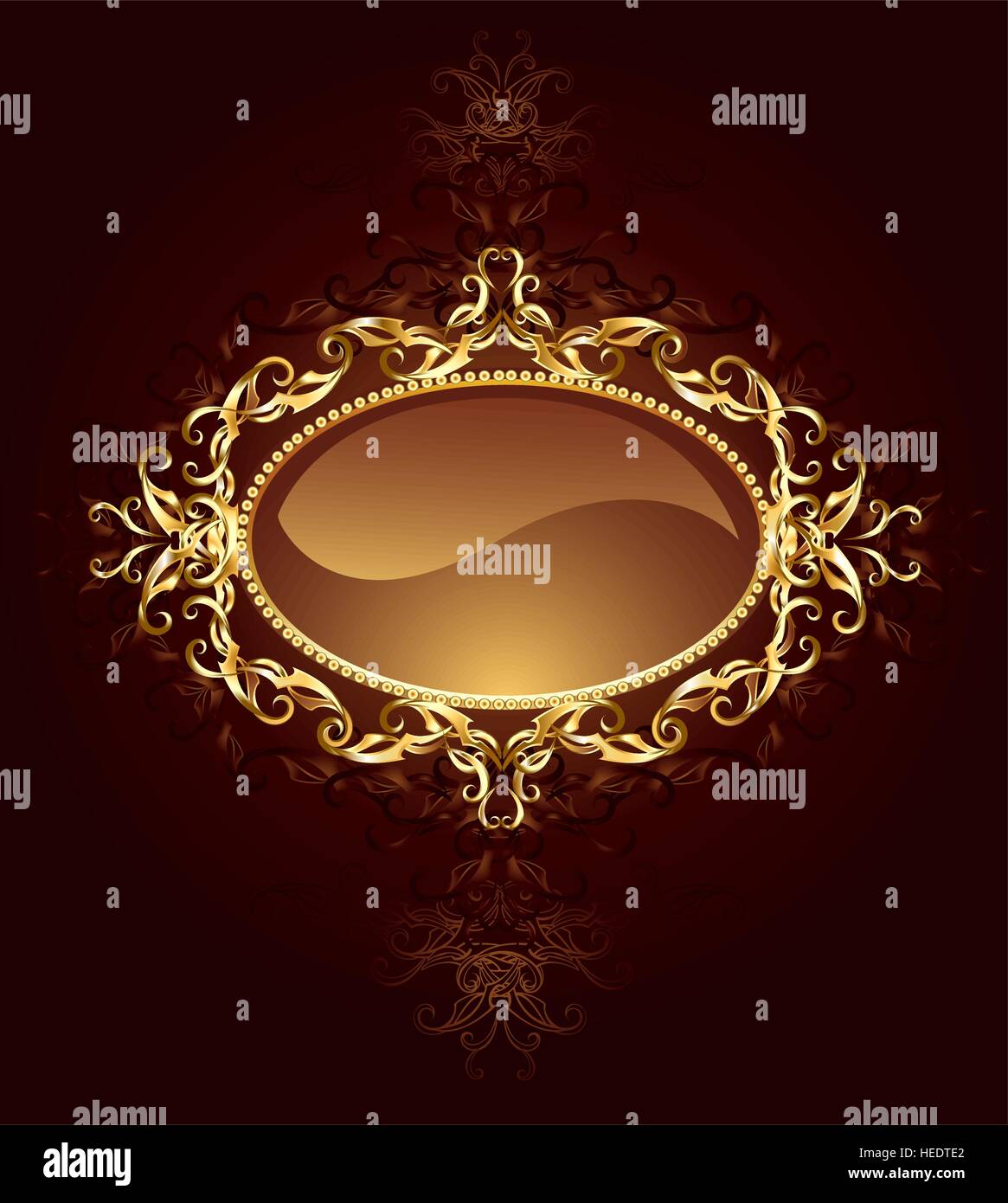 Banner ovale sono decorate in gioielleria, oro pattern su un colore marrone scuro dello sfondo. Illustrazione Vettoriale