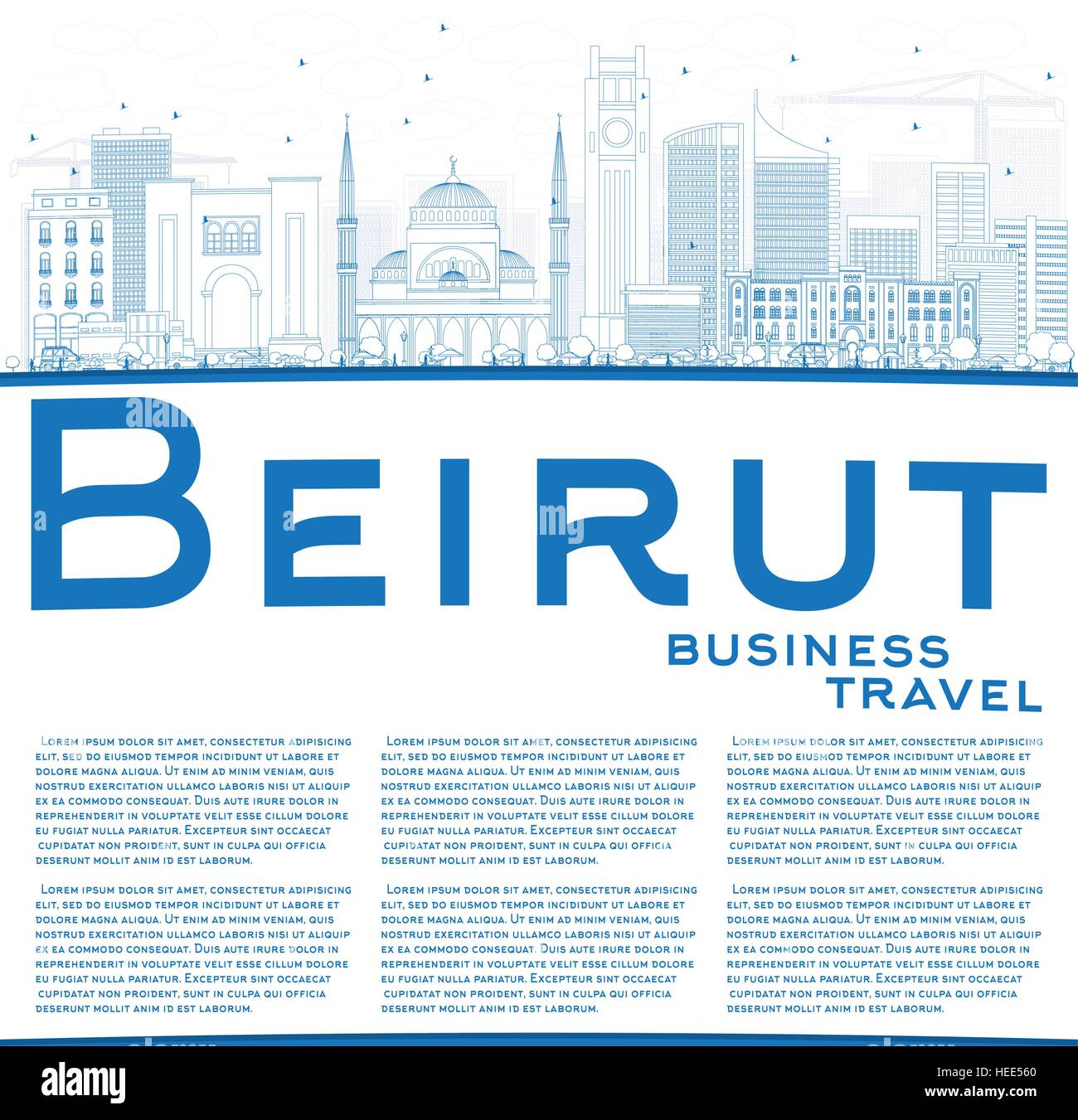 Profilo dello Skyline di Beirut con edifici blu e copia di spazio. Illustrazione Vettoriale. Viaggi di affari e di turismo con il concetto di architettura moderna. Illustrazione Vettoriale