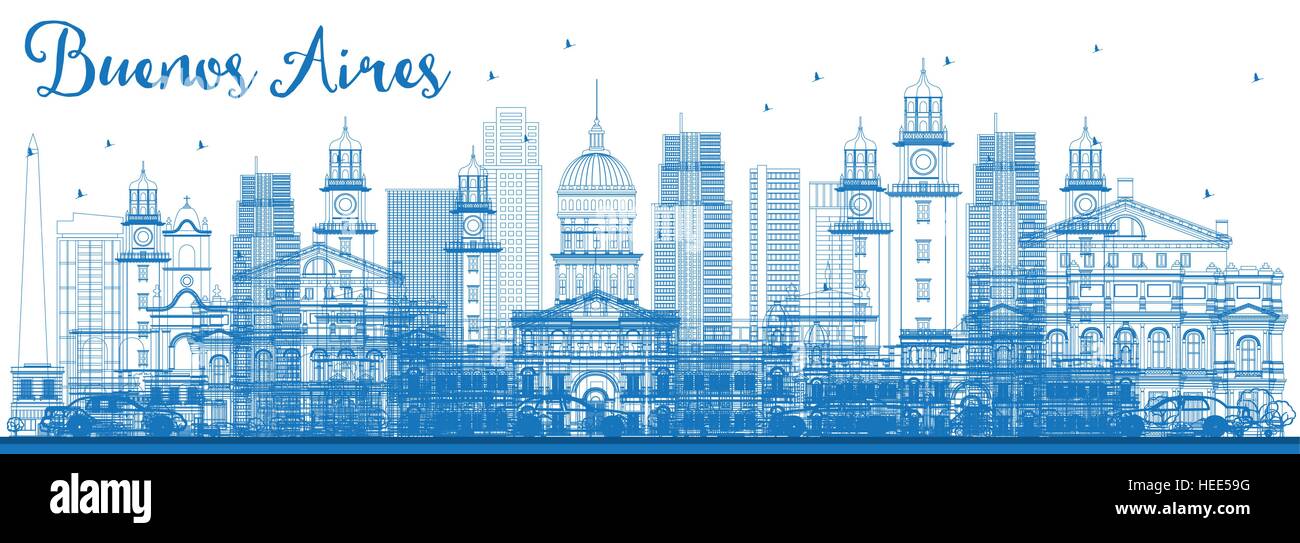 Profilo di Buenos Aires Skyline con punti di riferimento di colore blu. Illustrazione Vettoriale. Illustrazione Vettoriale