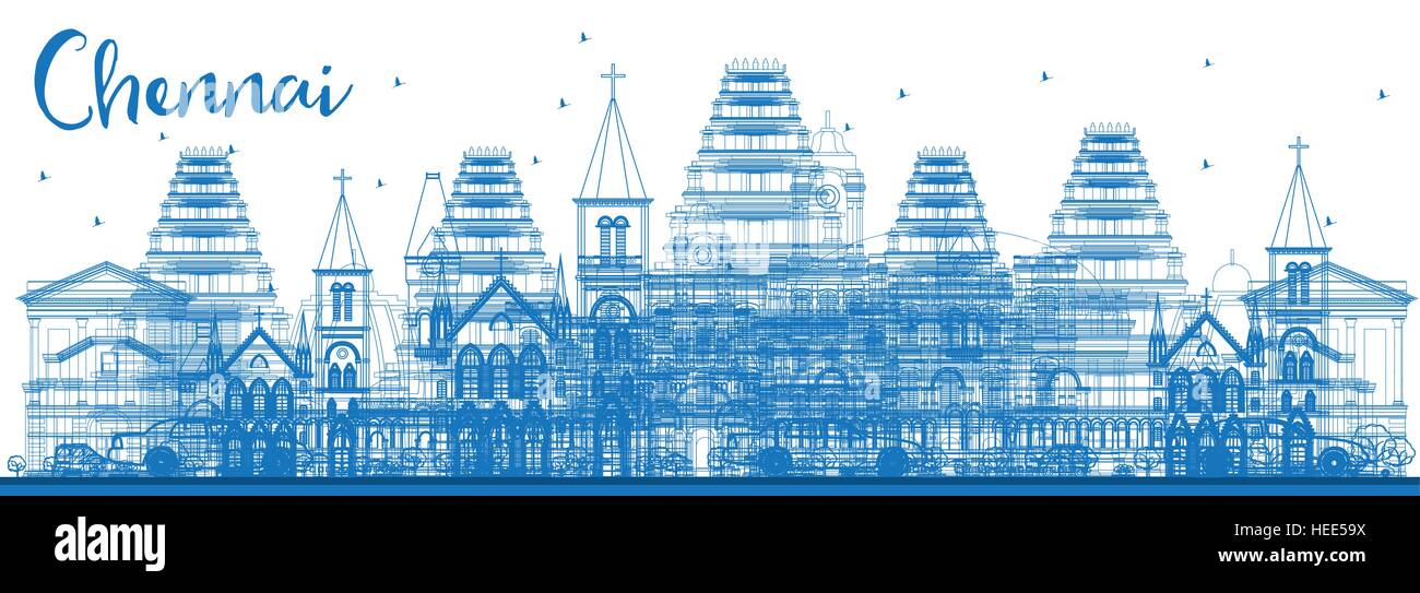 Profilo dello Skyline di Chennai con punti di riferimento di colore blu. Illustrazione Vettoriale. Viaggi di affari e di turismo con il concetto di architettura storica. Illustrazione Vettoriale