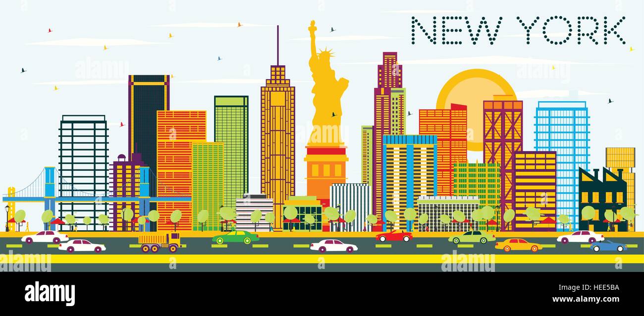 Skyline di New York con edifici di colore e cielo blu. Illustrazione Vettoriale. Viaggi di affari e di turismo con il concetto di architettura moderna. Illustrazione Vettoriale