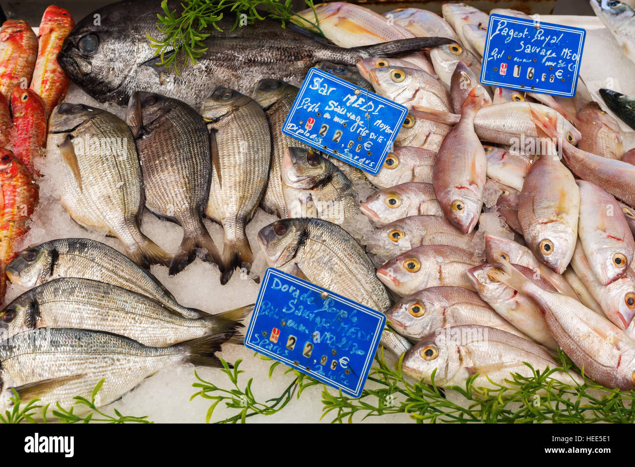 Visualizzazione di un mercato in stallo con pesci ad un mercato provenzale Foto Stock