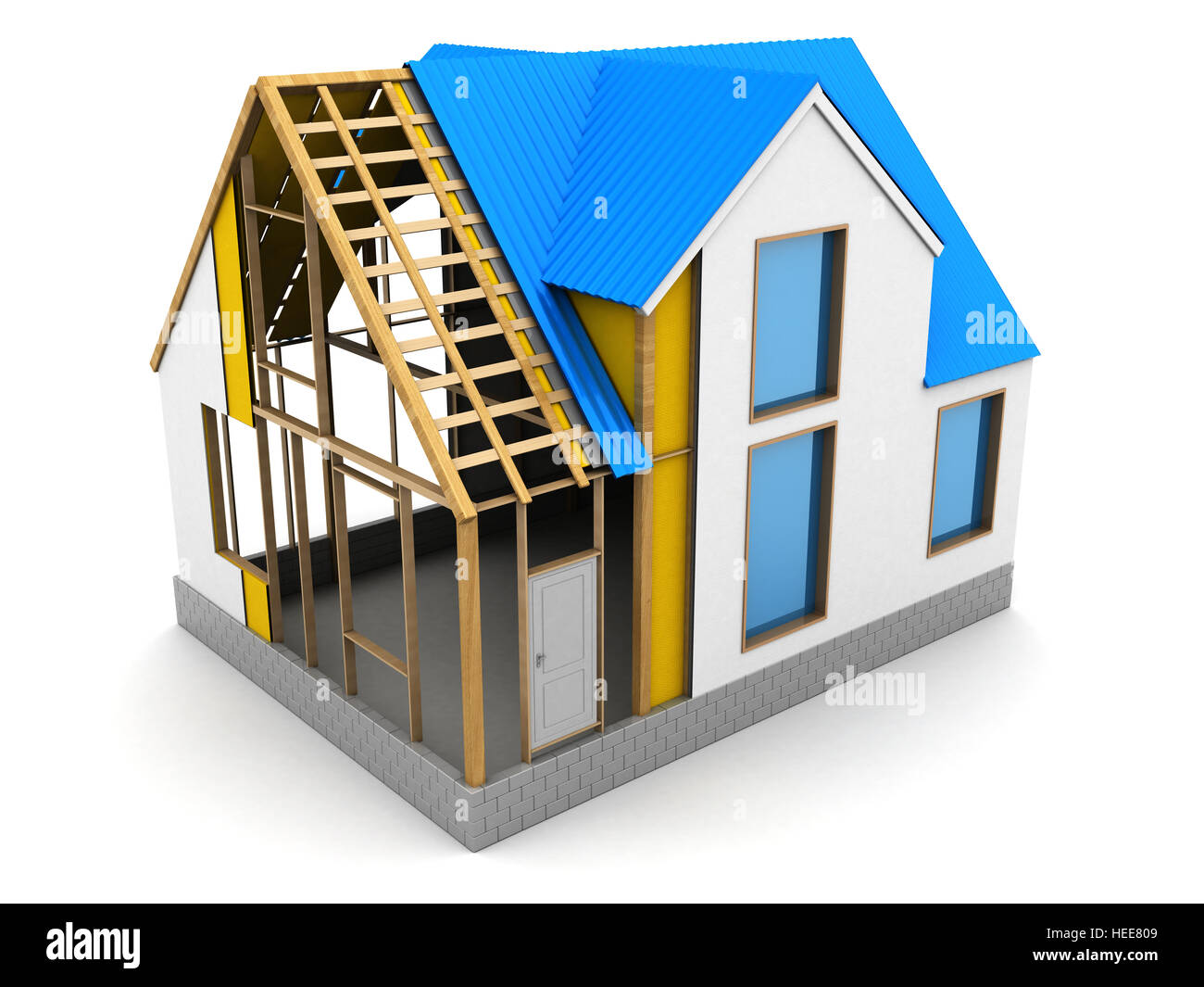 3d illustrazione del telaio casa processo di costruzione Foto Stock