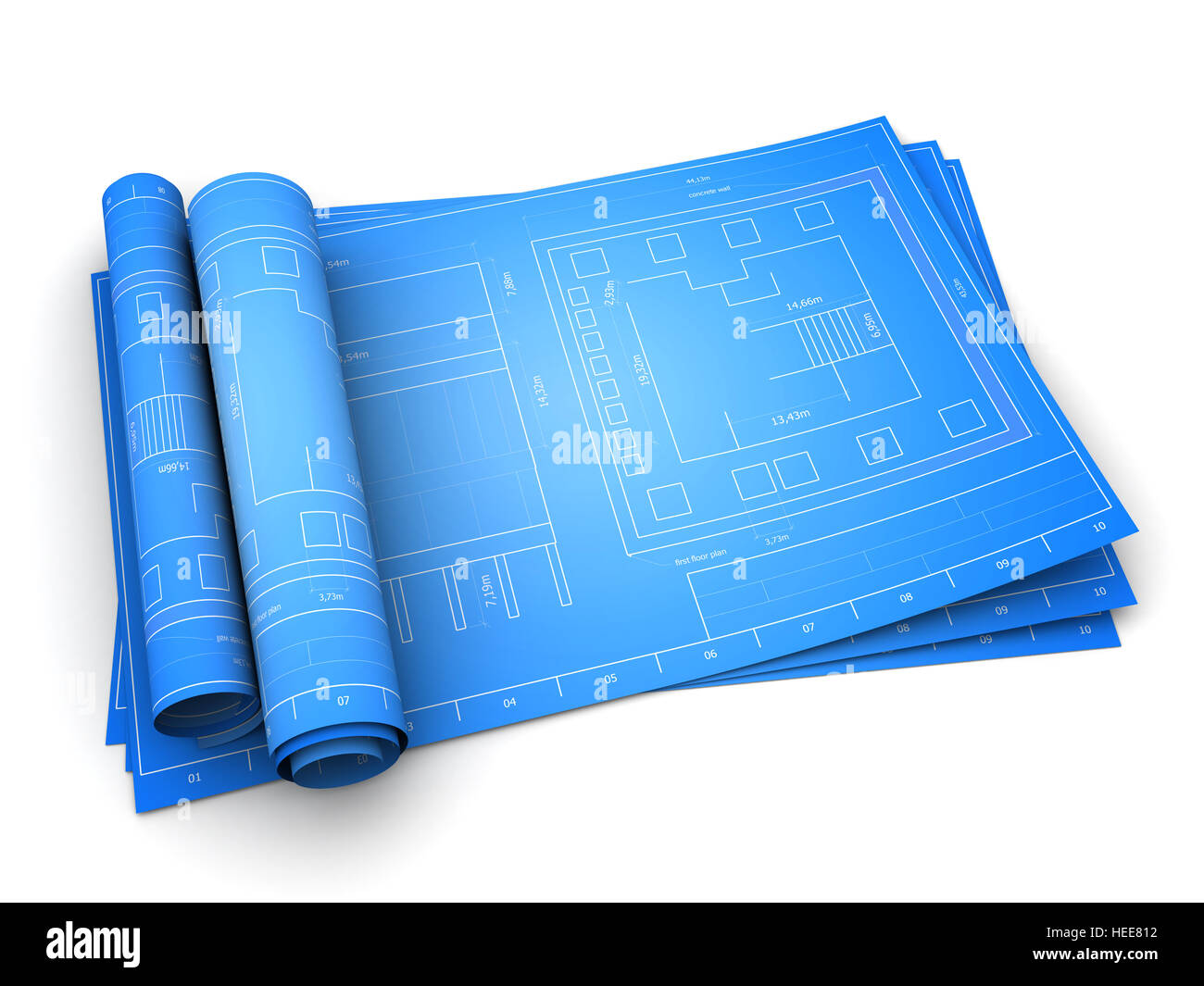 3d illustrazione di laminati blueprint di edificio, su sfondo bianco Foto Stock