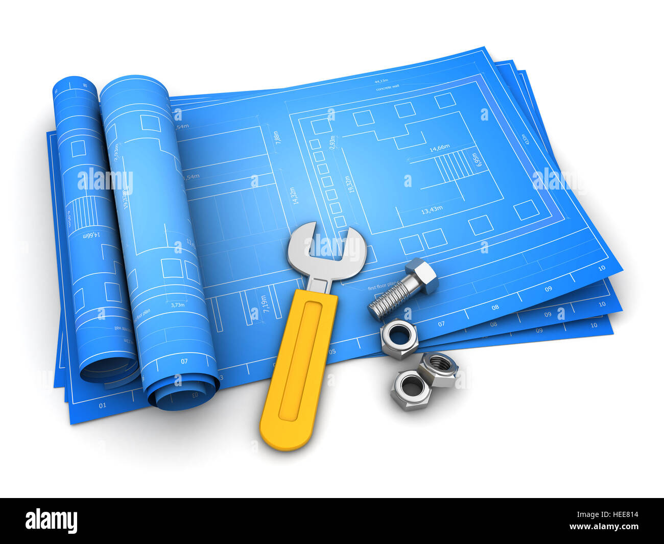 3d illustrazione di laminati blueprint con chiave e i dadi, su sfondo bianco Foto Stock