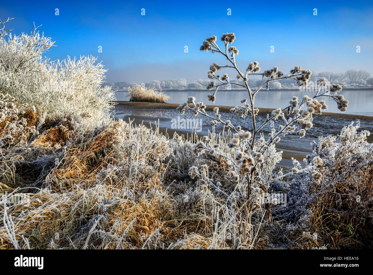 Paesaggio invernale del fiume Elba a Amburgo, Germania, Europa Foto Stock