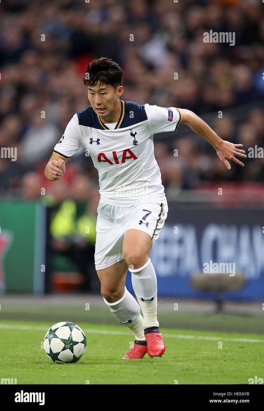 Tottenham Hotspur il figlio Heung-Min durante la UEFA Champions League, gruppo e corrispondono allo Stadio di Wembley, Londra. Foto Stock