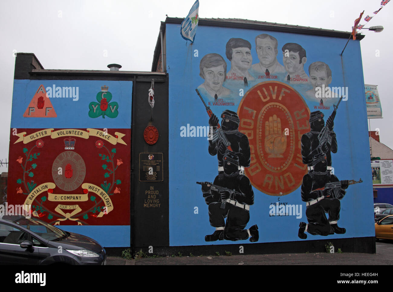 Belfast unionisti lealisti, murales, UVF C-azienda,1° Battaglione Wadsworth,MCINTYRE,McGregor,Chapman,Hannah Foto Stock