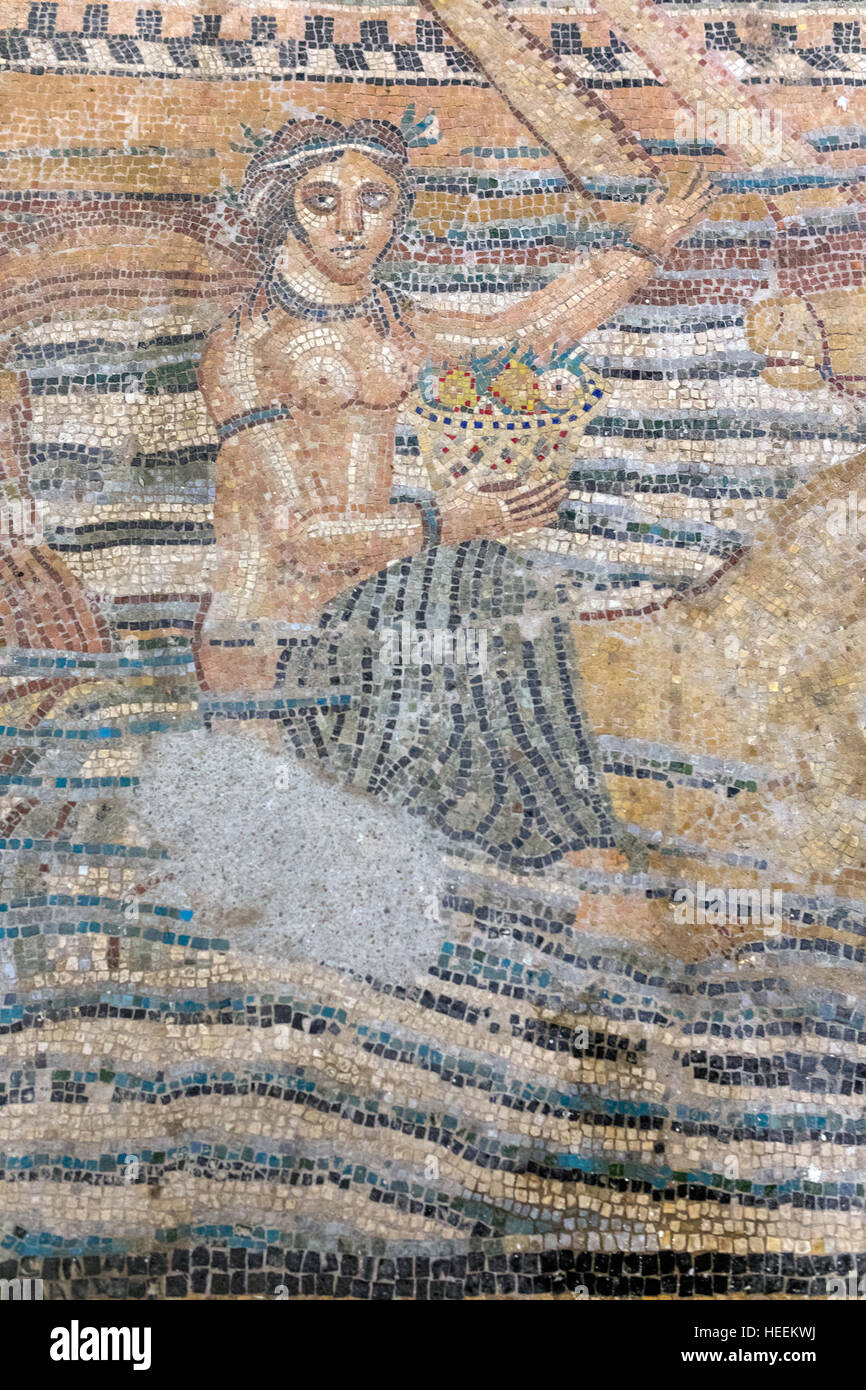 Il viaggio di Venere, mosaico romano da Volubilis, Museo di Arte Marocchina e antichità, Tangeri, Marocco Foto Stock