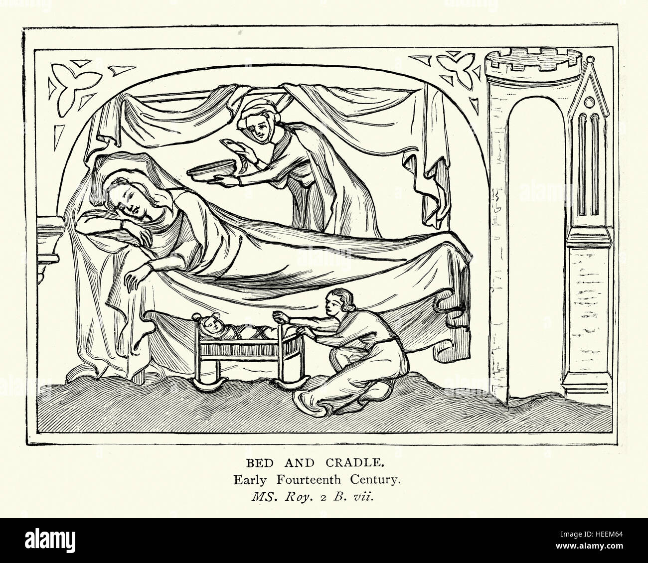 Illustrazione medievale di una nuova madre a letto dopo il parto, curato da una levatrice e un servo. Inizio del XIV secolo Foto Stock