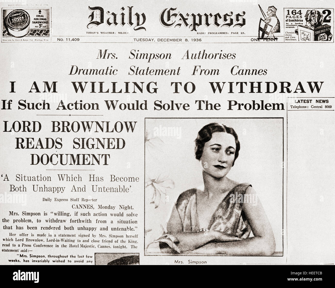 Pagina anteriore storia dal Daily Express di dicembre 8th, 1936 il rilascio di una dichiarazione da parte della sig.ra Simpson offrendo al ' ritirarsi da una situazione che è stata resa sia infelice e insostenibile", ciò di cui la sua vicenda con King Edward VIII d'Inghilterra. Wallis Simpson, in seguito duchessa di Windsor, nato Bessie Wallis Warfield, 1896 - 1986. American socialite per cui il re Edoardo VIII abdica nel 1936. Foto Stock