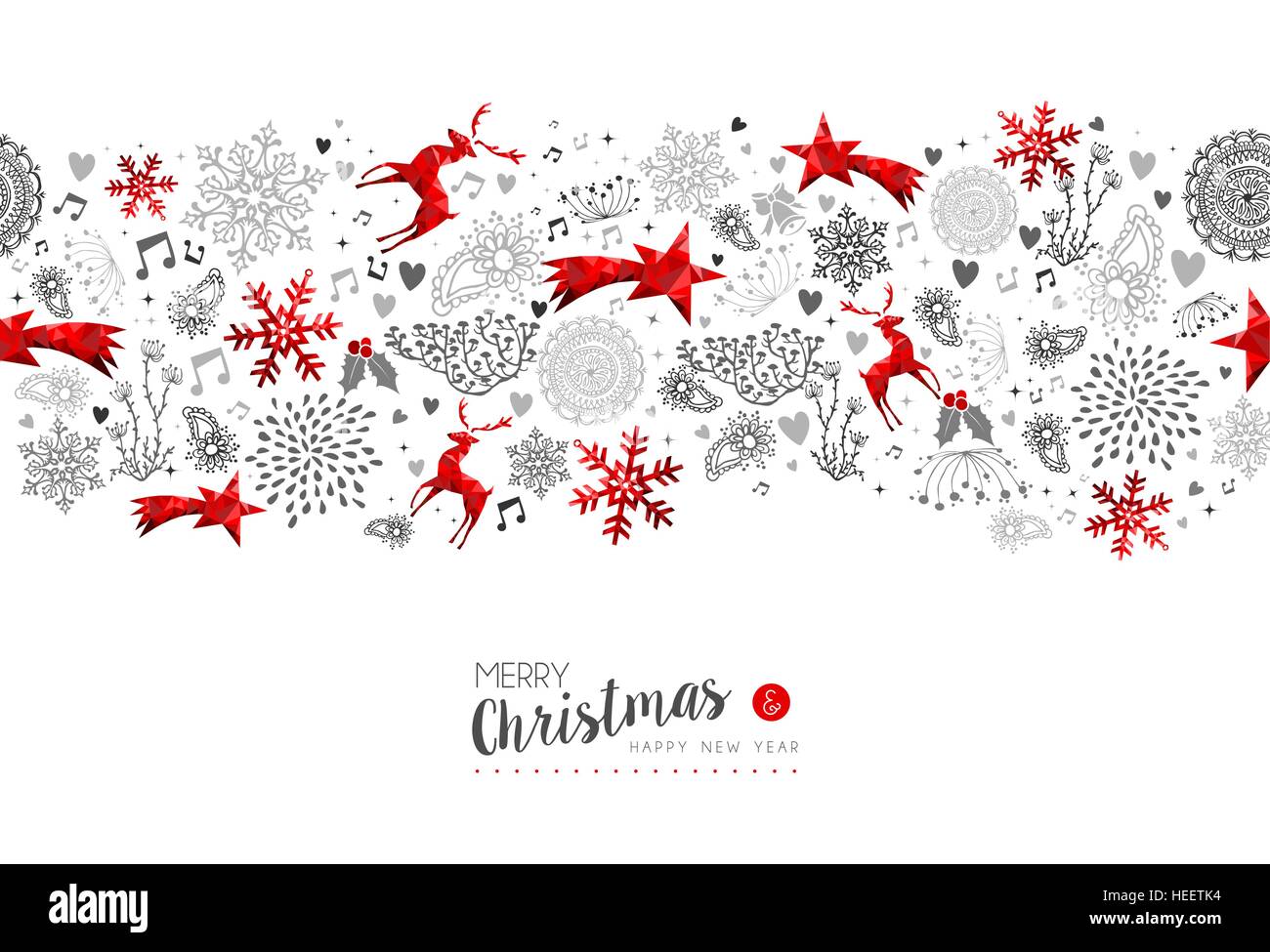 Buon Natale e Felice Anno Nuovo rosso a basso poli decorazione di pattern con i cervi, natura e ornamenti di vacanza. EPS10 vettore. Illustrazione Vettoriale