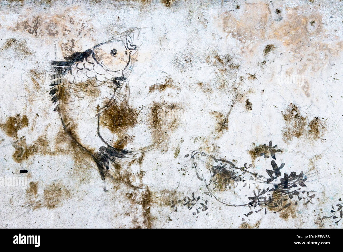 Vecchio muro con pittura su casa tradizionale Tangqi antica città di Hangzhou, nella provincia di Zhejiang, Cina Foto Stock