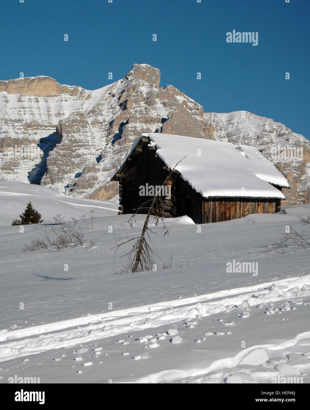 Agriturismo in inverno con neve, vicino Plan de Gralba nelle Dolomiti italiane Foto Stock