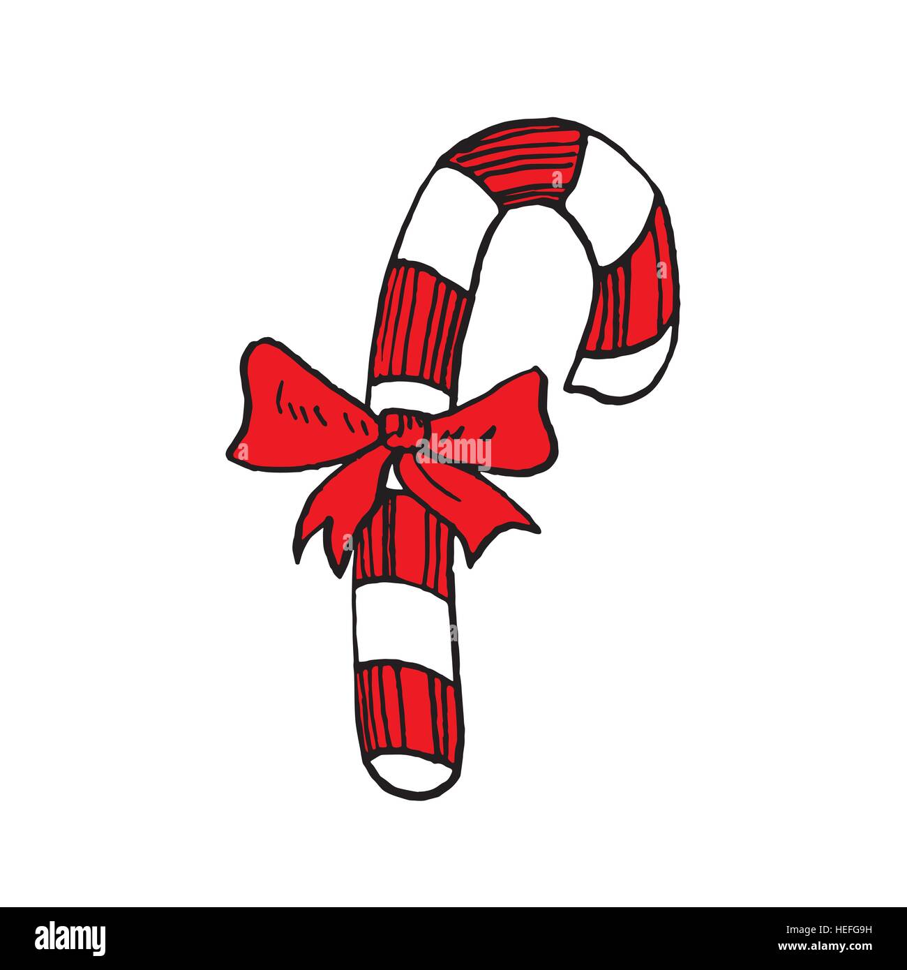 Natale candy cane con nastro, disegnati a mano doodle, schizzo in pop art style, vettore Illustrazione Vettoriale