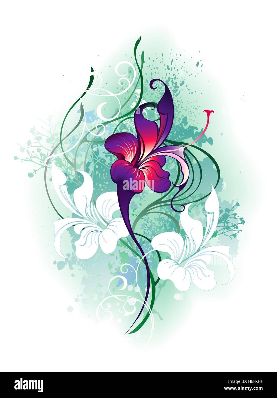 Artistica, bellissimo fiore viola con piante verdi su sfondo bianco. Illustrazione Vettoriale