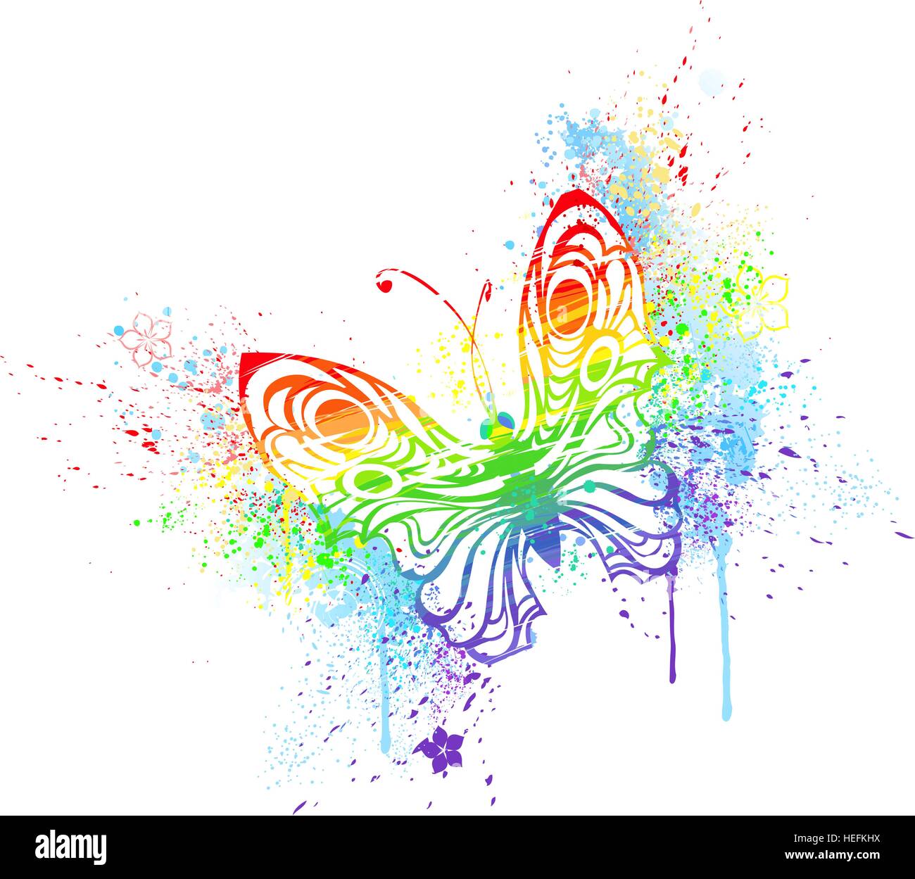 Farfalla stilizzata dipinta con colori dell'arcobaleno, su uno sfondo bianco. Illustrazione Vettoriale