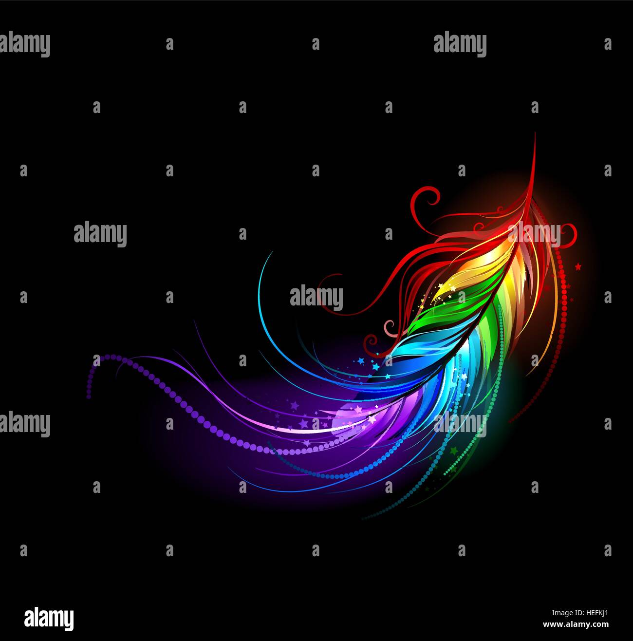 Artisticamente dipinte di piume arcobaleno su uno sfondo nero. Illustrazione Vettoriale